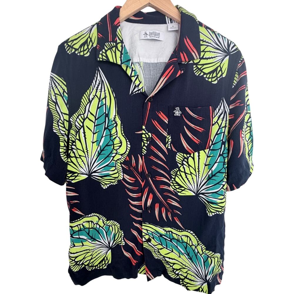 Original Penguin Munsingwear Hawaiian Shirt Mens M Navy Tropical Leaf Collar